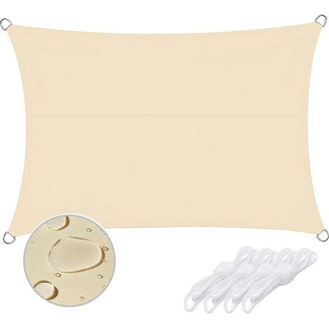 Voile d'ombrage rectangulaire anti-UV imperméable et résistant aux intempéries, parfait pour terrasse, jardin, pelouse, activités de plein air avec corde (6 x 4 m, beige) (1/5)