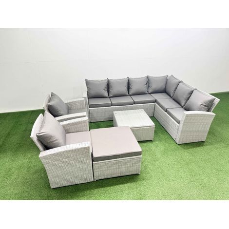Fimous Rattan Garden Outdoor Furniture Set 9 Seater Rattan Garden Sofa Set with 2 Armchairs Big Footstool Light Grey Mixed (1/4)