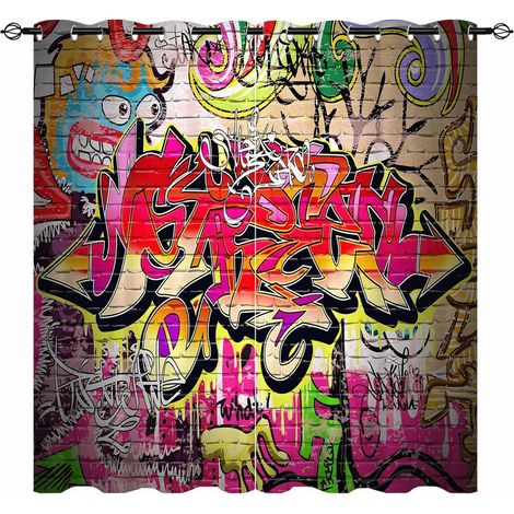 Rideaux Graffiti Enfants - Motif Urbain Hip Hop Hippie avec Œillets Opaques Isolants Thermiques pour Chambre de Garçons/Ados - 2 Panneaux L60 x H90cm - 60L X 90H cm (2 Panneaux) (1/5)