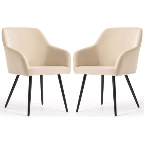 Lot de 2 Chaises en velours lisses ESTELLE Beige pieds noirs (1/5)