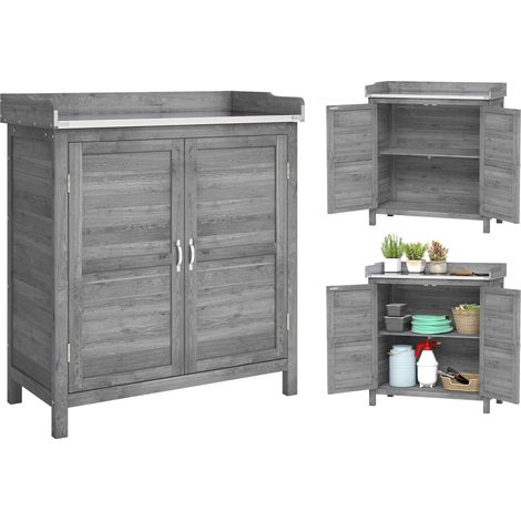 Gartenschrank mit Pflanztisch, Holz Geräteschuppen mit verzinkter Arbeitsplatte 2 Regalböden Grau