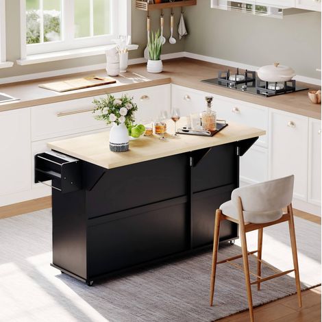 Isla de cocina 137x70x89.5 cm natural y negro MDF con encimera abatible, ruedas con freno y almacenaje (1/5)