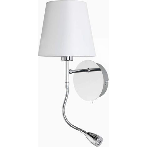 ONLI Applique in Metallo Cromato e Paralume in Tessuto Bianco. Faretto LED Flessibile Integrato con Interruttore sulla Base (1/3)