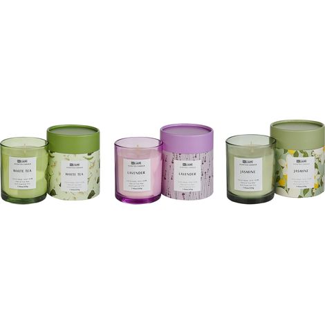 Conjunto de 3 velas aromáticas 100% cera de soja mecha de algodón vidrio floral oriental fragancia de hierbas té blanco/lavanda/jazmín COLORFUL BARREL