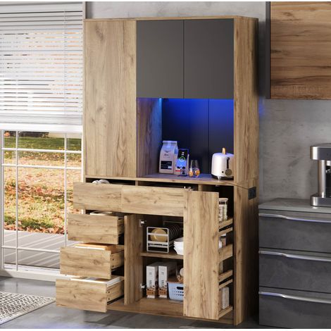 Buffet haut de cuisine 185 x 105 x 40 cm, LED, prises intégrées, MDF DESVIAE (1/5)