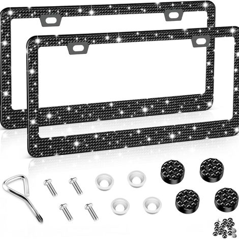 2 Cadres de plaque d'immatriculation en acier inoxydable orné de strass brillants (bling), noirs, avec matériel de fixation, adaptabilité universelle (Lot de 2) (1/5)