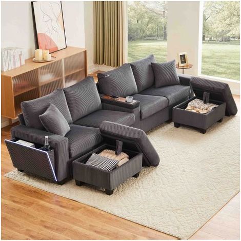 Canapé Droit 271x140x90cm LED, USB, Coffre Rangement - Canapé Modulable - Poufs, Porte-gobelets, Tissu Gris Foncé (1/5)