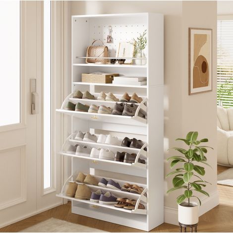 Mobile portascarpe stretto con 3 ribalte e 2 nicchie aperte, bianco, 80 x 24 x 178,5 cm DESVIAE (1/5)