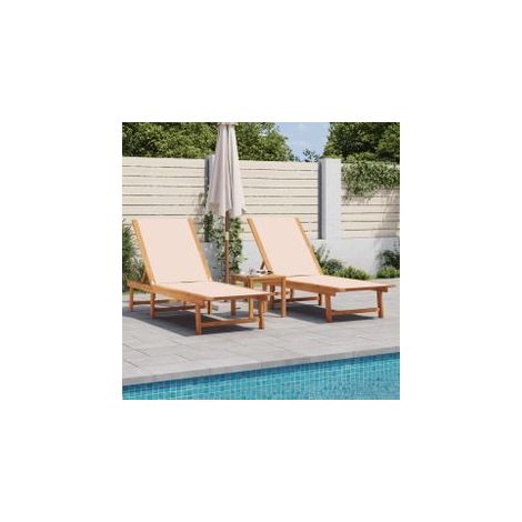 Chaises longues lot de 2 table crème bois d'acacia et textilène (1/5)