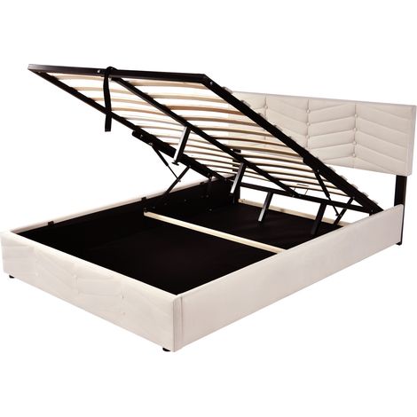 Cama tapizada 140 x 190 cm con somier de láminas y cabecero ajustable beige (1/5)