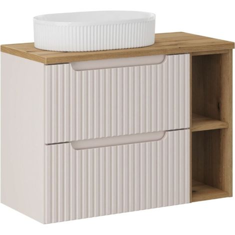 Insieme VANO cashmere e quercia 80cm : mobile sotto lavabo con cassetti e nicchie a vista + lavabo da appoggio scanalato