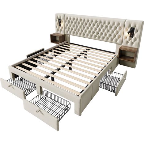 Lit double 160x200 cm avec matelas, 2 tables de chevet, 4 tiroirs, velours beige (1/5)
