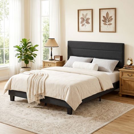 Lit double 164 x 208 cm tissu aspect lin, tête de lit réglable, chambre adulte, noir (1/5)