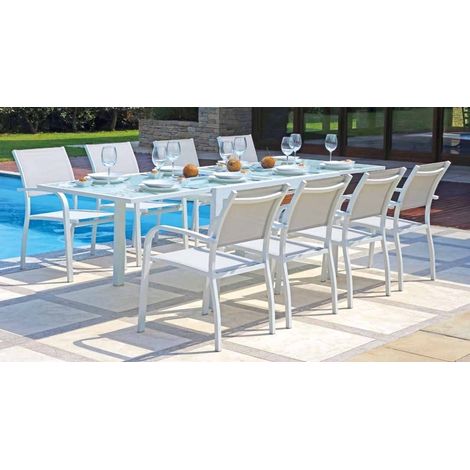 Tavolo da Giardino Allungabile in Alluminio Bianco con 8 Sedie Impilabili Set Tavolo da Giardino con Sedie