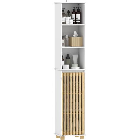 Colonnes de salle de bains, double salle de bains avec rangements, portes en bambou et compartiments ouverts, blanc (1/5)