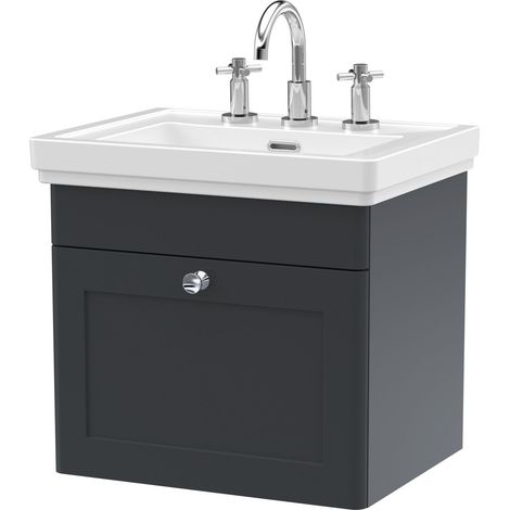 Nuie Classique Wall Hung 1-Drawer Vanity Unit with Basin 500mm Wide Satin Anthracite - 3 Tap Hole (1/4)