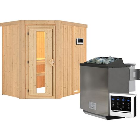 Sauna d'angle 4-5 places Karibu Carin 68mm Poêle 9kW Sans couronne (1/5)
