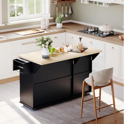 Kücheninsel 137x70x89.5 cm natur/schwarz aus MDF mit klappbarer Arbeitsplatte, Rollen, Schubladen und Stauraum (1/5)