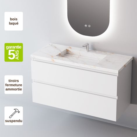 Meuble de salle de bain plan vasque Grès Cérame Blanc, 2 Tiroirs,l100xh54xp45, Laqué Blanc Mat, STEP (1/3)