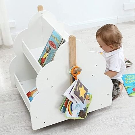 Bibliothèque Enfants en Bois en Forme d'Arbre, Étagère de Rangement Enfants avec 4 Roues Universelles, Coins Arrondis pour Salle de Jeux, Jardin d'enfants, Chambre, 3 Ans+, Blanc (1/5)