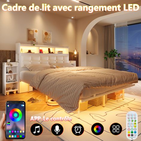Lit double 140x190 cm avec tête de lit, sommier à lattes, 2 tables de chevet escamotables avec tiroirs, recharge USB-C et USB, éclairage LED, blanc