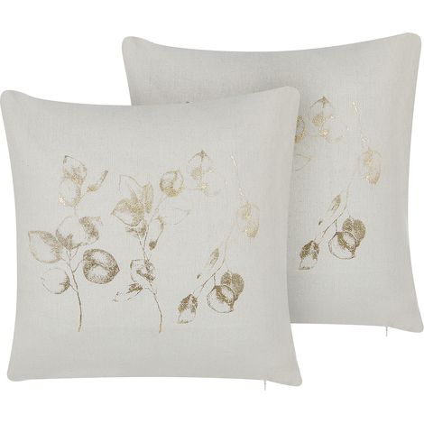 Conjunto de 2 cojines de poliéster beige claro patrón de hojas 45 x 45 cm cremallera Gomphrena