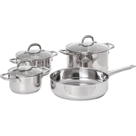Batería de cocina de 7 piezas 3 ollas y 1 sartén de acero inoxidable con tapas plateado Primecook (1/5)