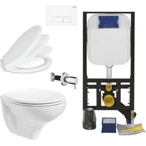 Creavit Hänge Taharet WC Set Weiß spülrandlos mit Bidet Softclose WC Sitz und Unterputz Vorwandelement Spülkasten 3/6 L