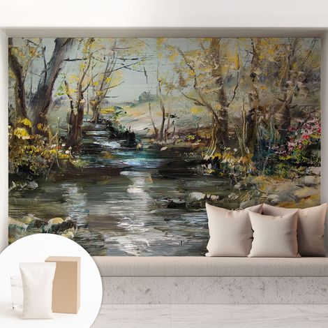 Tapete Vliestapete mit Kleber für Wohnzimmer Schlafzimmer Küche - Wanddekoration Waldbach 208x146 cm (1/5)