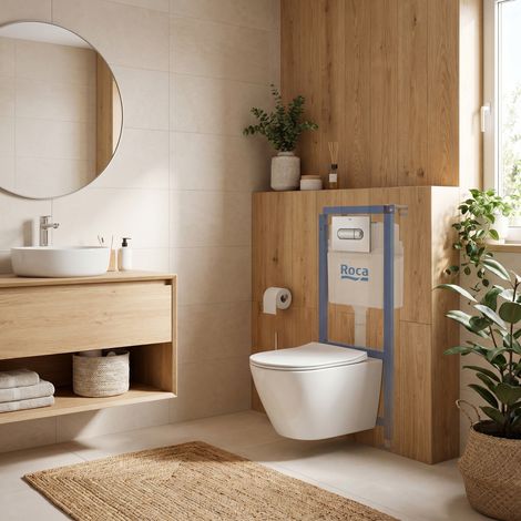 WC-Set Vorwandelement + Swiss Aqua Technologies spülrandloses Wand-WC mit SoftClose-Sitz + Betätigungsplatte (ROSTINWR02-IN)