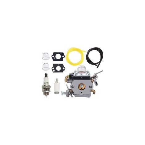 Carburateur pour tondeuses Husqvarna 122C, 122LDX, 122LK et McCulloch T22LS et T22LSC, comprenant joint, durite d'essence et bougie. Références : 581734301 et 574386701.