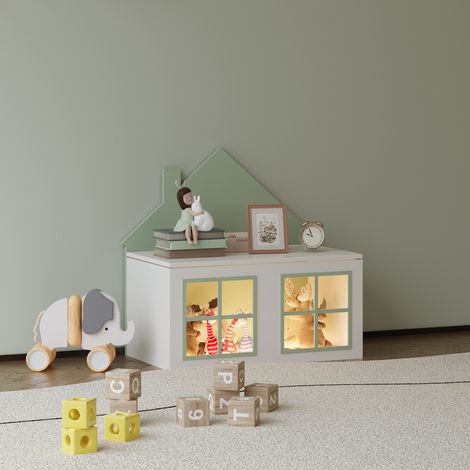 Baule Portagiochi Vipsali per Cameretta Design Casetta 56x60x33 cm Verde / Bianco [en.casa]