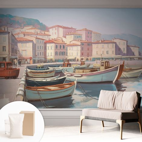 Papier peint intissé décoratif pour salon chambre et cuisine Facile à poser avec colle Port de plaisance en bord de mer 312x219 cm (1/5)