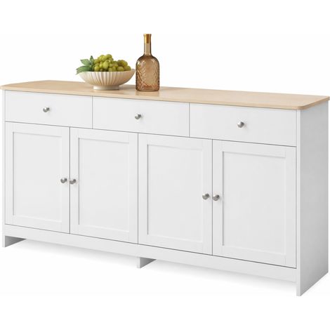 Buffet sideboard 4 portes 3 tiroirs blanc et bois, 160 cm, étagères réglables, style campagne, pour salon et salle à manger - CHICFURN (1/5)