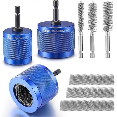 Kit de nettoyage de tuyaux en cuivre avec foret, comprenant une brosse métallique extérieure pour trous et des brosses de nettoyage intérieures (1/2 pouce, 3/4 pouce, 1 pouce). (1/5)