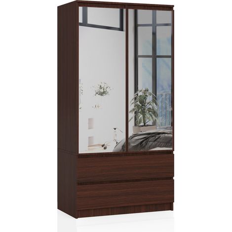 Akord – Armoire penderie wengé 90 cm – 2 portes, 2 tiroirs – 4 étagères – Hauteur 180 cm, profondeur 51 cm – Panneau stratifié durable (1/5)