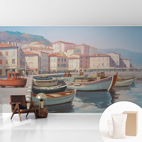 Papier peint intissé décoratif pour salon chambre et cuisine Facile à poser avec colle Port de plaisance en bord de mer 416x254 cm (1/5)