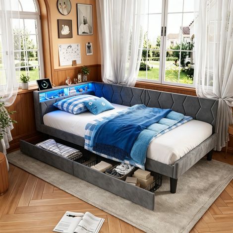 JOOKGBD-Polsterbett Schlafsofa 90x200cm mit LED-Beleuchtung und Stauraum,Jugendbett mit USB-Ladefunktion & schubladen,Kinderbett mit Lattenrost,Samt,für Wohnzimmer,Schlafzimmer,ohne Matratze,Grau