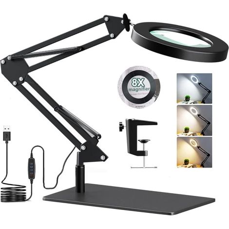 - Lampe de Bureau avec Loupe 8X et LED, Lampe Loupe sur Pied 2-en-1 avec Base et Pince, 3 Modes de Couleur,10 Niveaux de Luminosité,Lampe Bras Pivotant Réglable pour Artisanat (1/5)