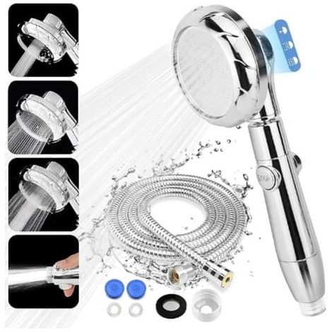 Soffione doccia, soffione doccia a risparmio idrico con tubo flessibile da 2 m, soffione doccia universale ad alta pressione per bagno con 3 modalità, soffione doccia anticalcare con pulsante interrut (1/5)