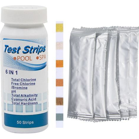 Lot de 50 bandelettes de test 6 en 1 de qualité de l’eau de piscine pour chlore, pH, alcalinité, dureté, acidité, brome, acide cyanurique (1/5)