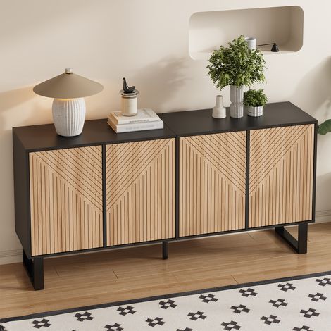 Buffet moderne 160x38x75 cm - 4 portes - Motif rayé 3D - Structure en fer - MDF + panneaux de particules - Naturel et noir (1/5)
