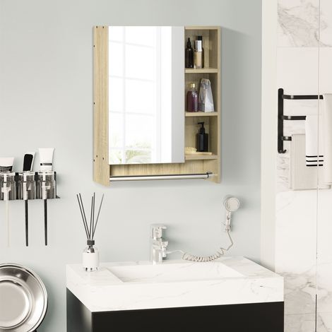 Meuble de salle de bain mural avec miroir, étagères ajustables et porte-serviettes, design compact pour lavabo ou WC, 60x15x70 cm chêne