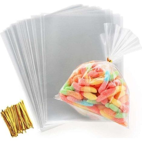 Sac Plastique Transparent 200pcs Sac OPP 15x20cmSachet Bonbon en Cellophane Sachet Transparent Cadeau avec Liens Torsadés 10cm pour Biscuit Bonbons Perles Bijoux Chocolats Cadeau (1/4)