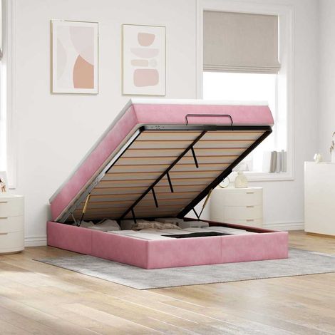 Estructura cama otomana colchón terciopelo rosa 140x200cm (1/5)