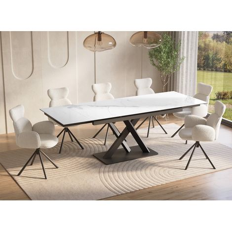 Deco In Paris – Table extensible en céramique blanche 6-10 personnes – Plateau en céramique – Pieds design croisés – Longueur 160/240 cm – Largeur 90 cm – Hauteur 76 cm