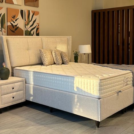 MILIA - Lit coffre en tissu beige 180x200 cm (1/5)