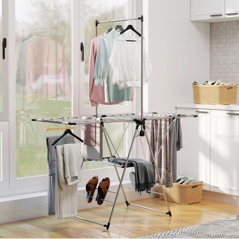 Tendedero plegable de pie con alas ajustables, zapatero, acero inoxidable, plata (1/5)