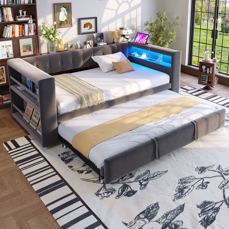Sofá cama 180x190 cm gris oscuro de franela con LED y almacenaje (1/5)