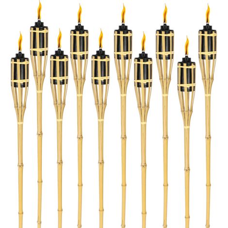 SWANEW Torche de jardin en lot de 10, flambeaux en bambou, avec mèche, éclairage d'ambiance, hauteur : 90 cm, nature